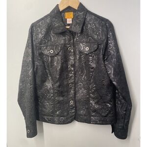 Ruby Rd‎ Womens Jacket Blazer Size 10 Black Metallic Brocade Button Front
